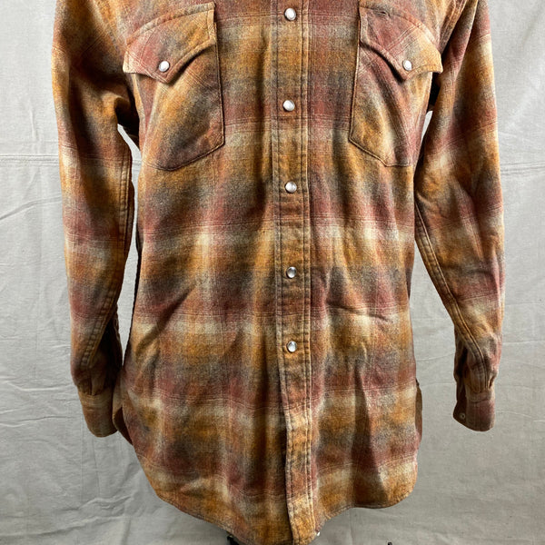 Lower Front View of Vintage Pendleton Brown/Orange Plaid High Grade Western Wear Flannel Shirt SZ L