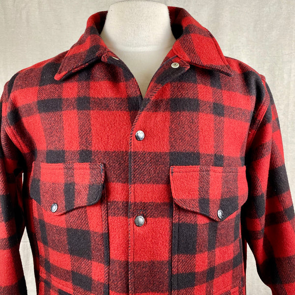 Upper Chest View on Vintage Union Made Filson Red and Black Buffalo Plaid Mackinaw Cruiser