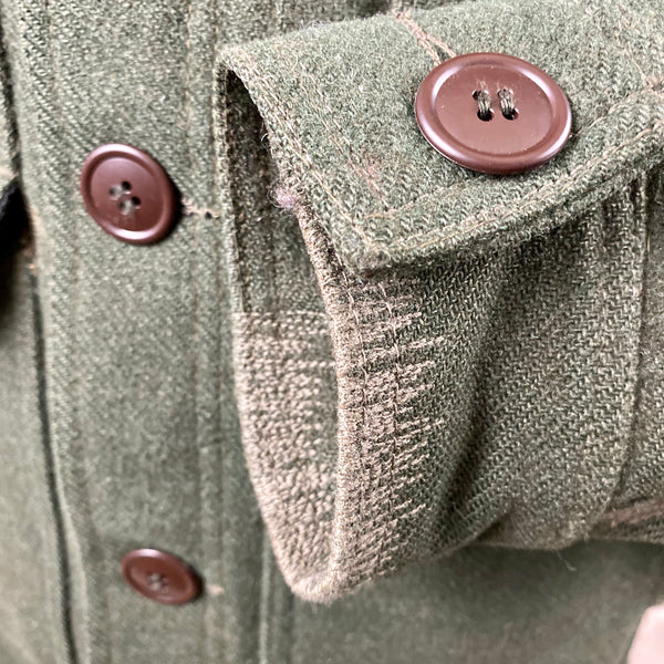 Left Cuff with Extensive Darning on Vintage Forest Green Filson Mackinaw Wool Cruiser