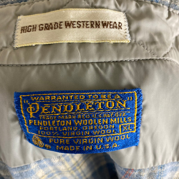 Tag View on Vintage Pendleton Blue Plaid High Grade Western Wear Flannel Shirt SZ XL