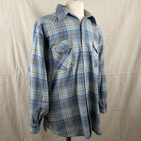 Right Angle View on Vintage Pendleton Blue Plaid High Grade Western Wear Flannel Shirt SZ XL