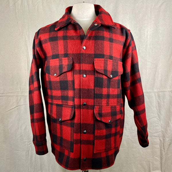 Front View on Vintage Union Made Filson Red and Black Buffalo Plaid Mackinaw Cruiser