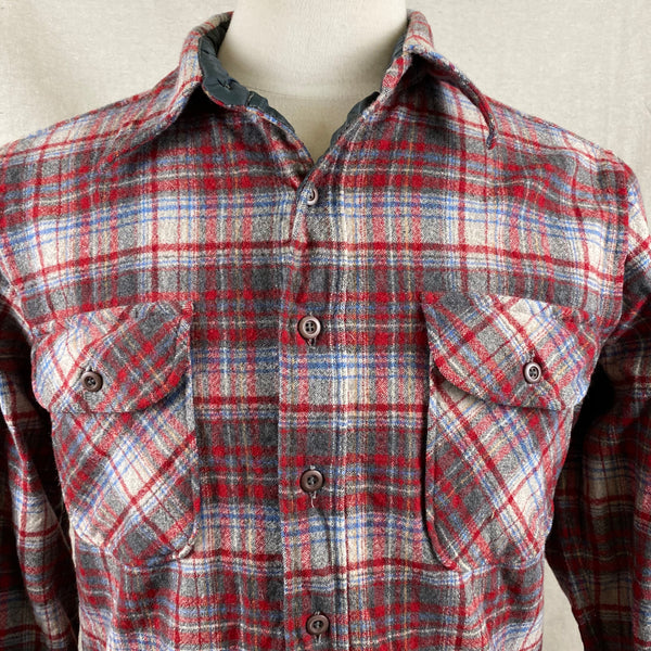 Upper Chest View of Vintage Red Blue & Grey Pendleton Field Shirt SZ M