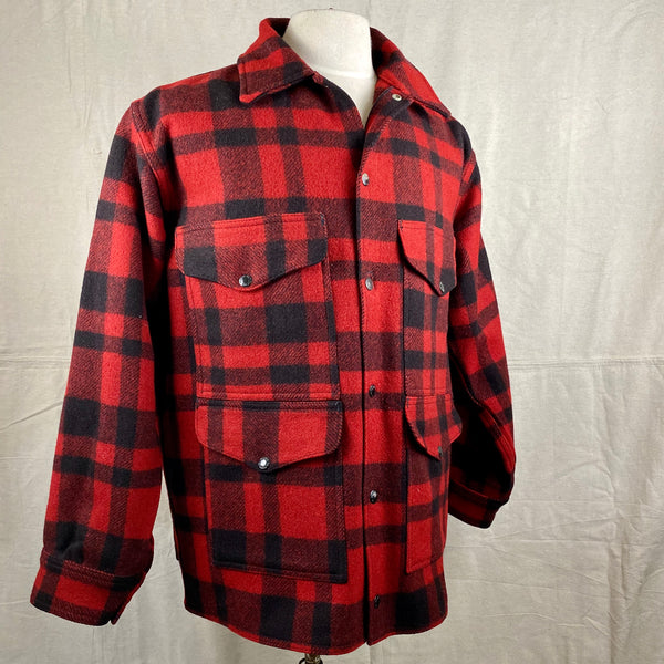 Right Angle View on Vintage Union Made Filson Red and Black Buffalo Plaid Mackinaw Cruiser