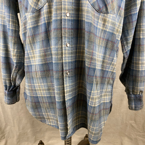 Lower Front View on Vintage Pendleton Blue Plaid High Grade Western Wear Flannel Shirt SZ XL