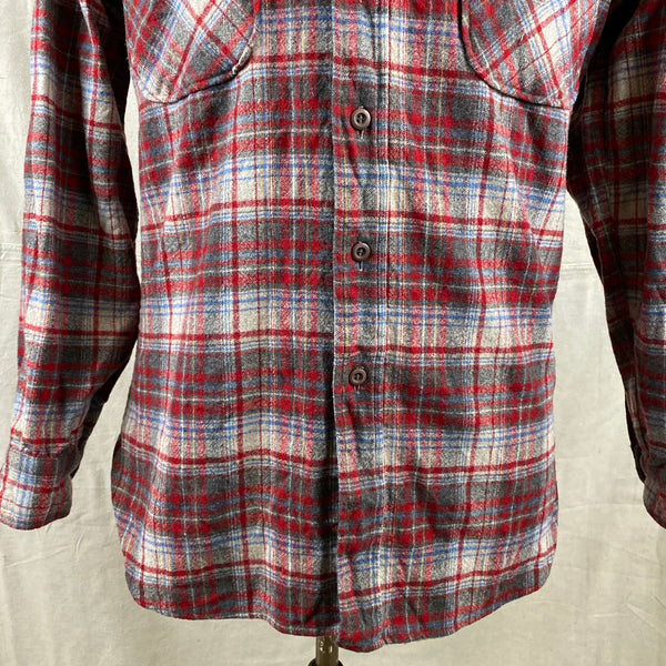 Lower Front View of Vintage Red Blue & Grey Pendleton Field Shirt SZ M