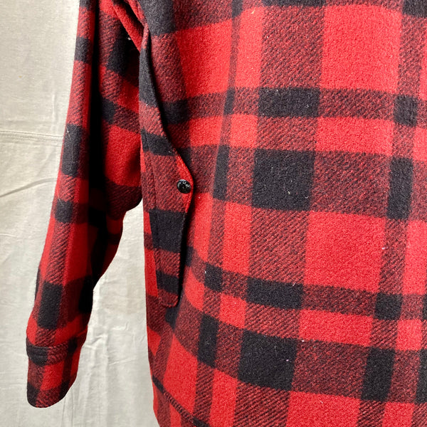 Rear Left Map Pocket View on Vintage Union Made Filson Red and Black Buffalo Plaid Mackinaw Cruiser