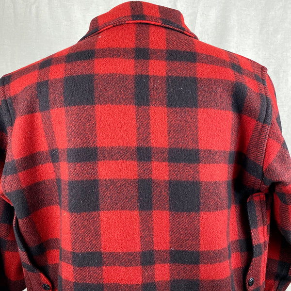 Upper Rear Shoulder View on Vintage Union Made Filson Red and Black Buffalo Plaid Mackinaw Cruiser