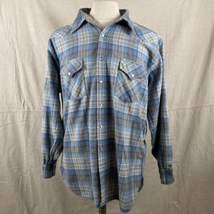 Front View of Vintage Pendleton Blue Plaid High Grade Western Wear Flannel Shirt SZ XL