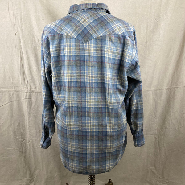 Rear View of Vintage Pendleton Blue Plaid High Grade Western Wear Flannel Shirt SZ XL