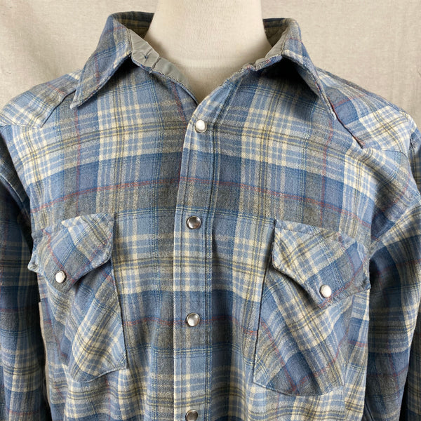 Upper Chest View of Vintage Pendleton Blue Plaid High Grade Western Wear Flannel Shirt SZ XL