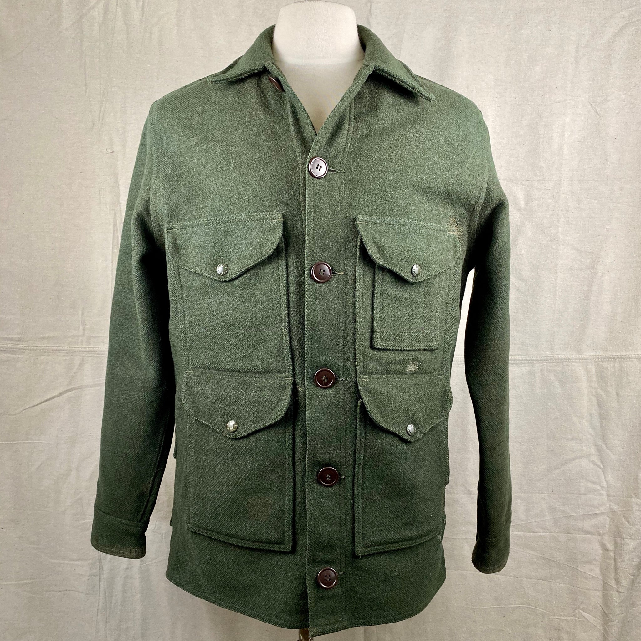 Front View of Vintage Forest Green Filson Mackinaw Wool Cruiser