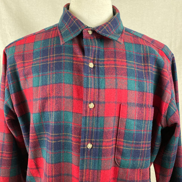 Front Upper Chest View on Vintage Red Blue & Green Pendleton Lodge Shirt SZ L