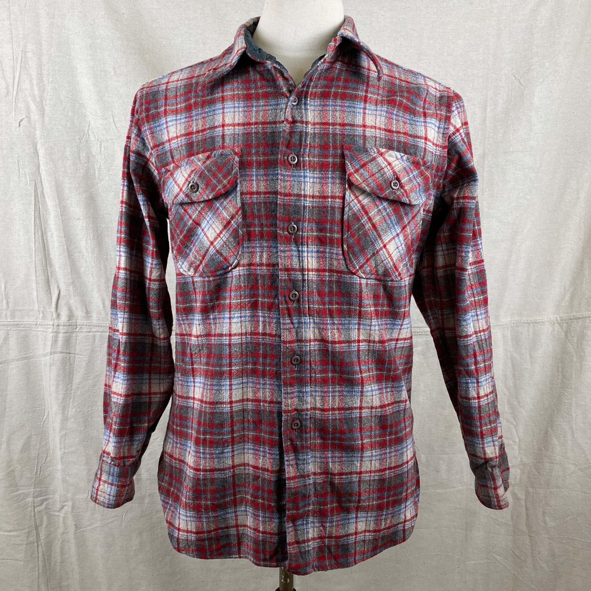 Front View of Vintage Red Blue & Grey Pendleton Field Shirt SZ M