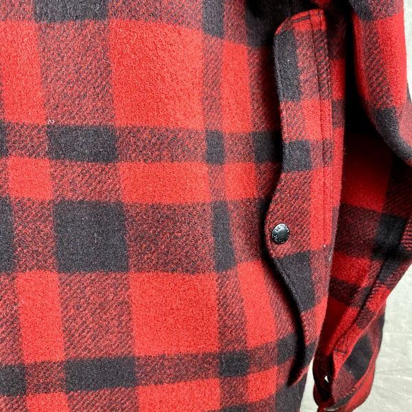 Right Rear Pocket View on Vintage Union Made Filson Red and Black Buffalo Plaid Mackinaw Cruiser