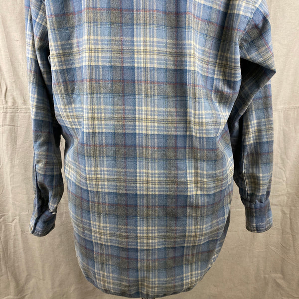 Lower Rear View of Vintage Pendleton Blue Plaid High Grade Western Wear Flannel Shirt SZ XL