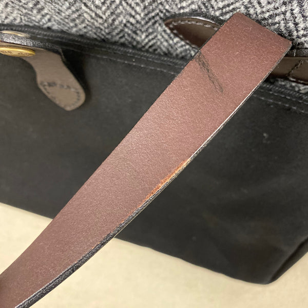 Small Abrasion on Inside of Leather Handle on Filson Harris Tweed Original Black Rugged Twill Wool Briefcase Style 70066