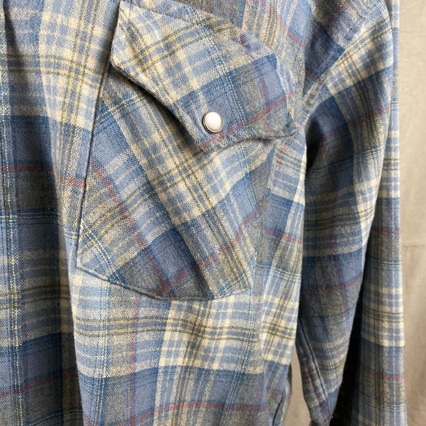 Pearl Snap Pocket on Vintage Pendleton Blue Plaid High Grade Western Wear Flannel Shirt SZ XL