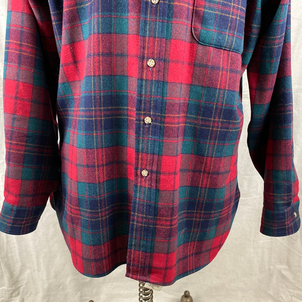 Lower Front View of Vintage Red Blue & Green Pendleton Lodge Shirt SZ L
